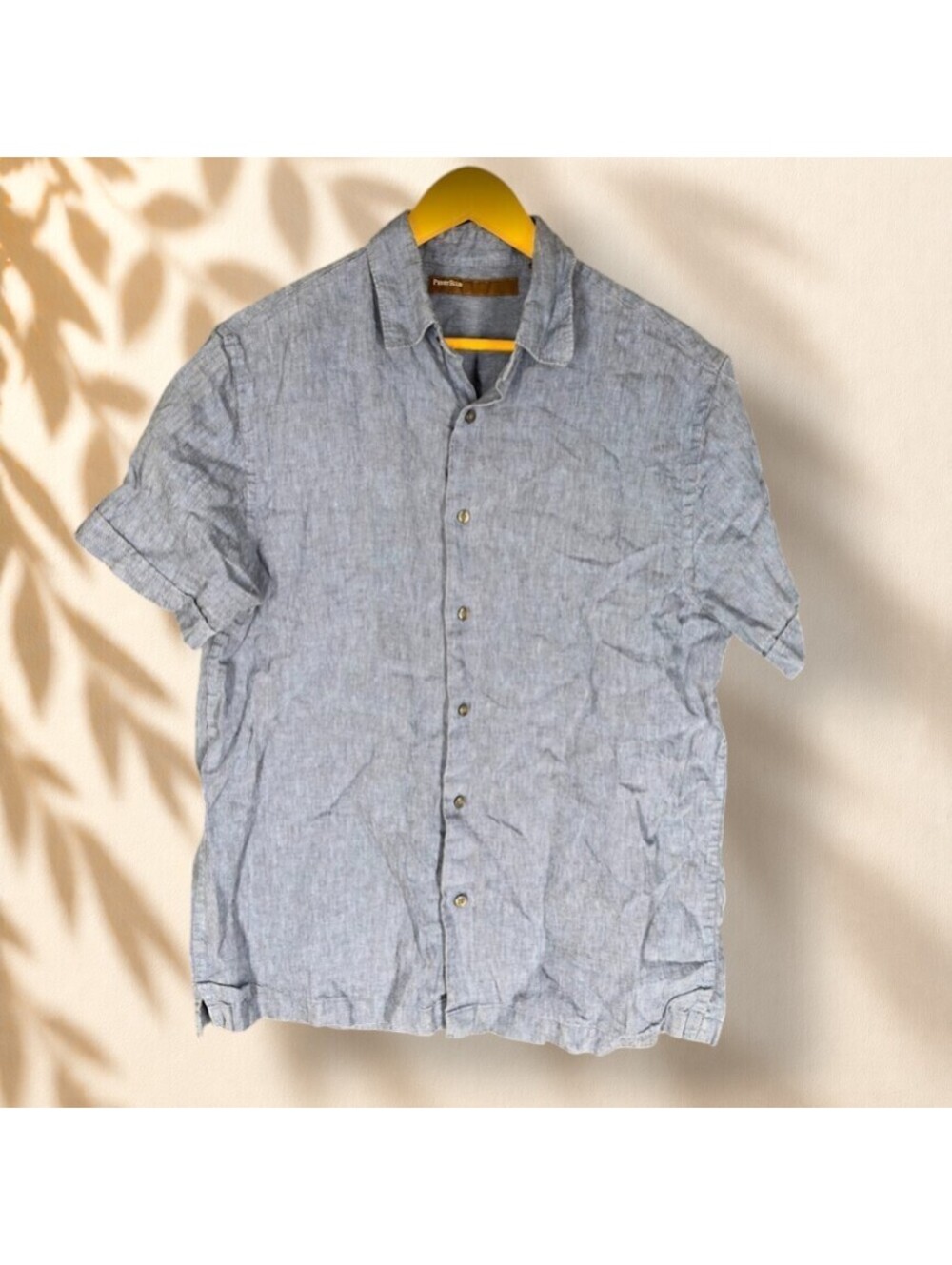Perry Ellis Shirt Men L Large Blue Button Up Collared Linen Short Sleeve Casual